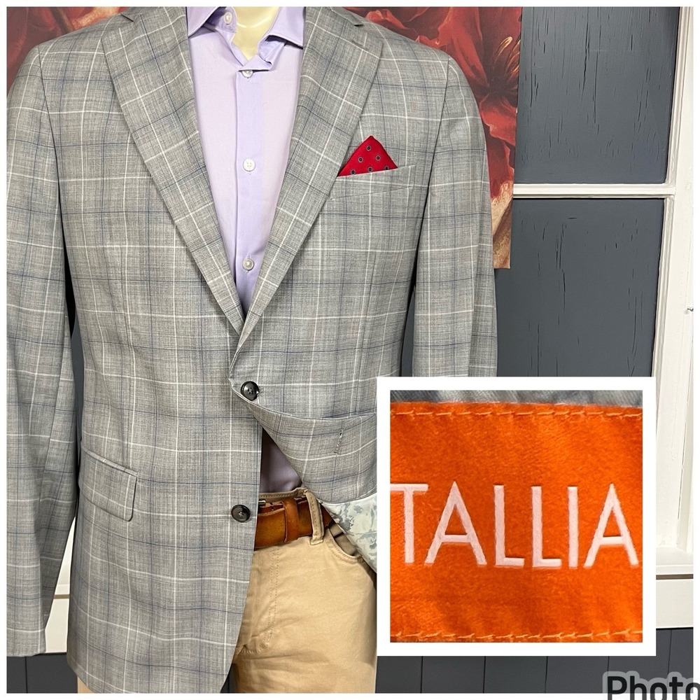 Tallia Blazer Jacket Sport Coat Mens 42L Long Wool Blend Stretch Gray/Blue